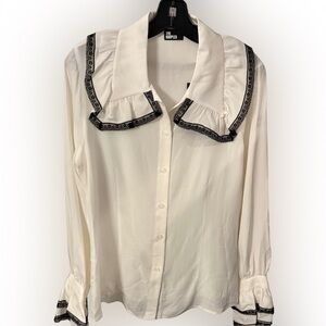 The Kooples Women’s Ivory SILK Collared Blouse W/ Black Lace Trim Sz L (3) NWT